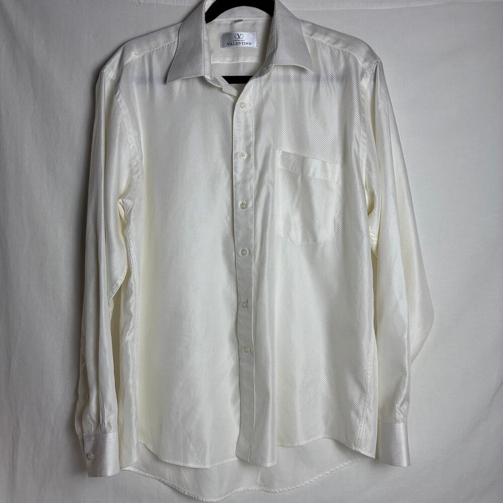 Vintage Chemises Valentino Mens Off White Jacquard Stripe Button Up Shirt 16 1/2